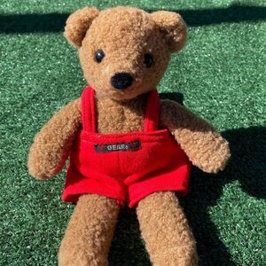 Vintage 1986 Gund Gear Sherpa Tan Teddy Bear Red Overalls W/ Rattle Plush 9”